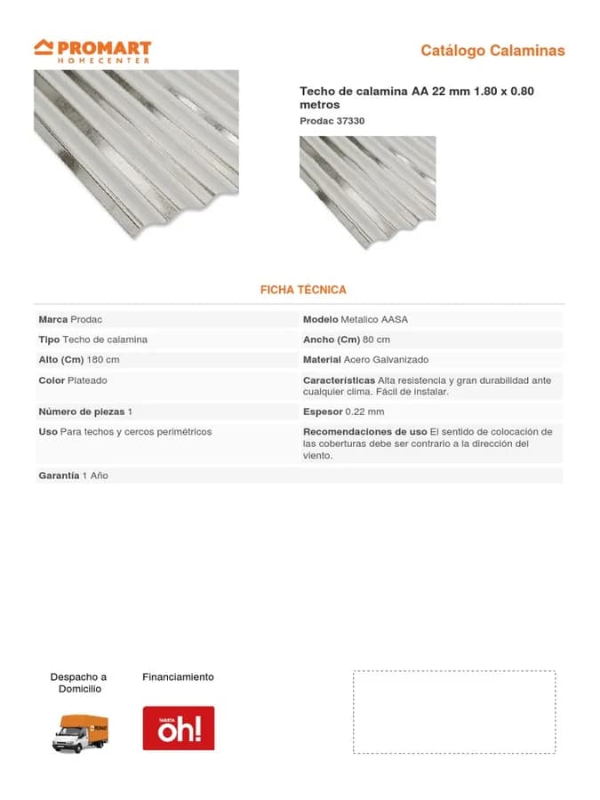 CALAMINA GALVANIZADA 1.80 X 0.80 X 0.25 S/M