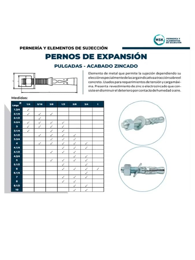 PERNO DE EXPANSION ZINCADO 1/4 X 1 3/4 LA CASA DEL PERNO