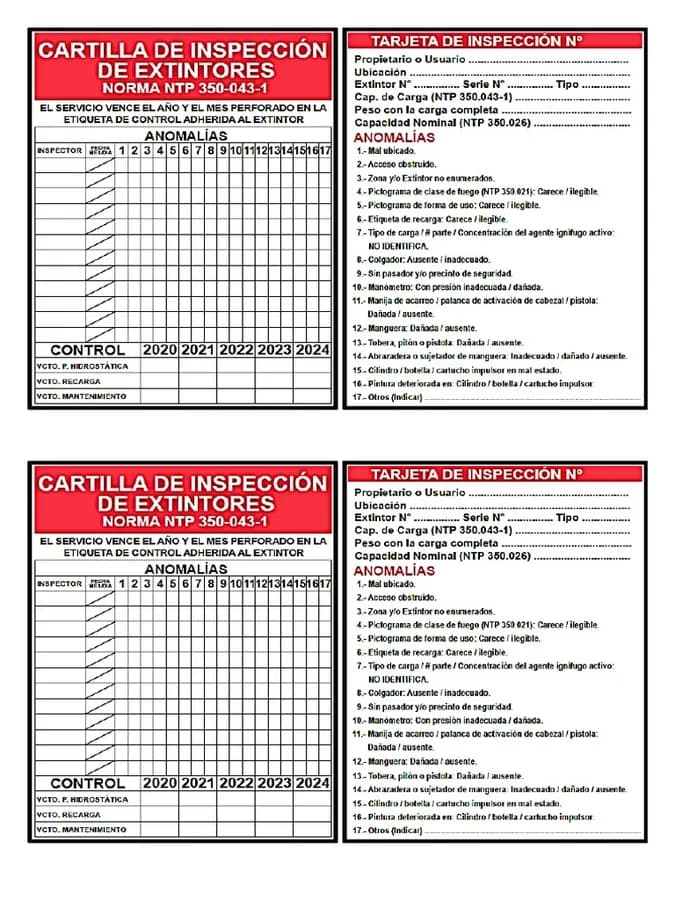 TARJETA DE INSPECCION + STIKER DE EXTINTOR BRUCE